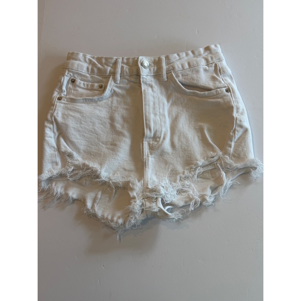 Zaraβ Womens White High Waisted Distressed Denim Shorts Raw Hem Size 4